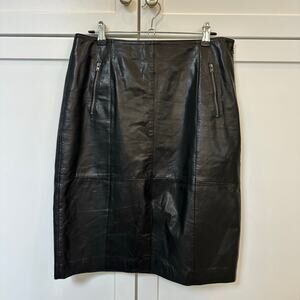 Black Genuine Leather Pencil Skirt Fully Lined Halogen Zipped Side Pockets US 8